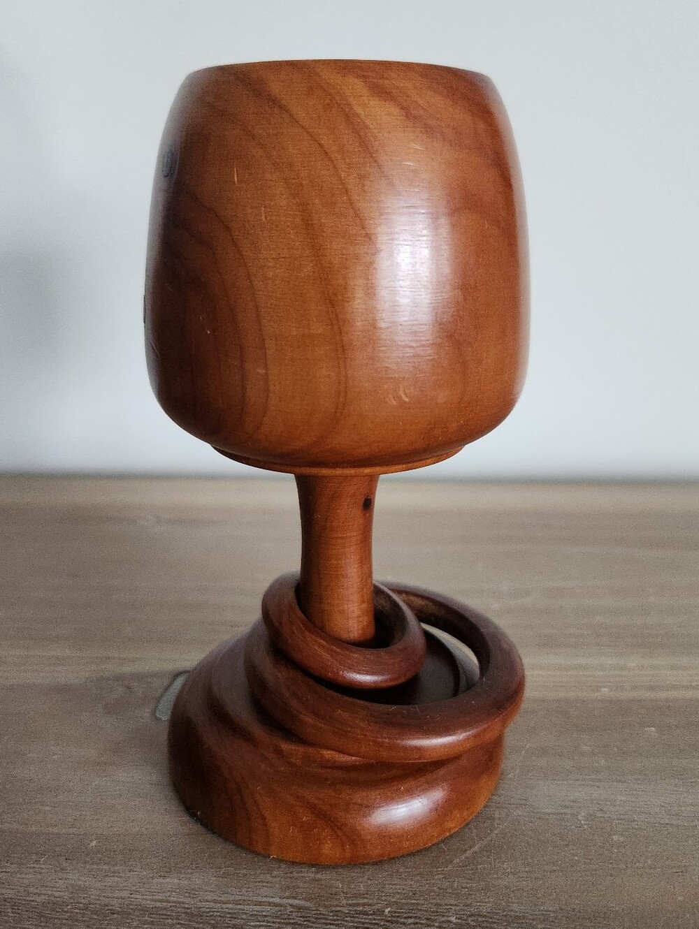 Vintage Hand Turned Wooden Goblet Cup Sculptural Ring Base Decor 5.25in Boho Art